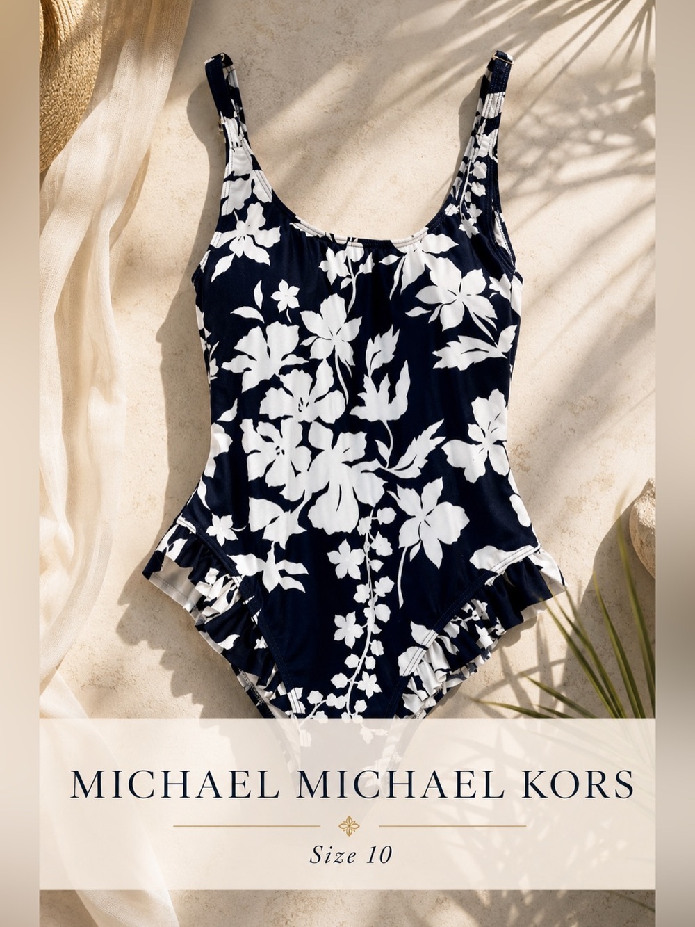 Michael Michael Kors Navy White Floral Ruffle One-Piece Swimsuit Size 10 NWT